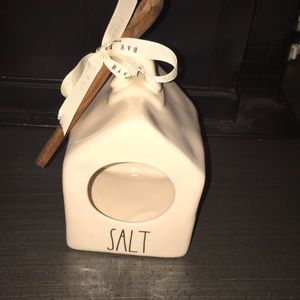 Rae Dunn Salt Pig with wooden spoon.